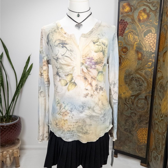 Y2K Fairy Floral Henley Top Womens Sheer Long Sleeve Rhinestone Detail - Picture 7 of 7